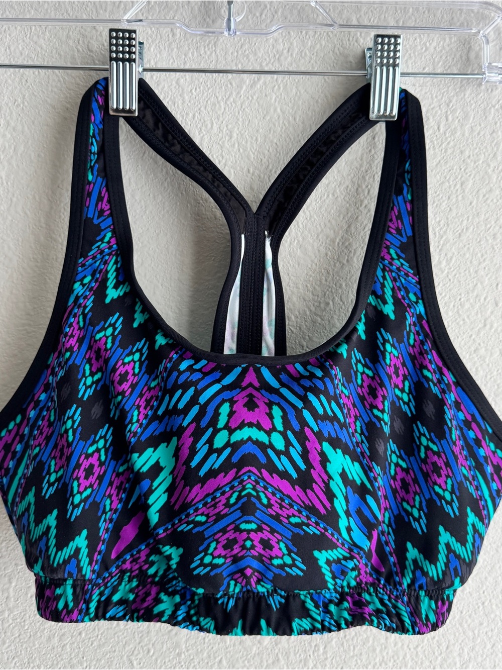 Athleta Racerback Sports Bra Black Purple Teal Ikat Print Size S
